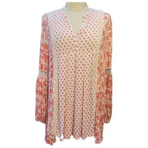 Max Jeans Coral & Cream Long Sleeve V-Neck Tunic with Mandarin Collar